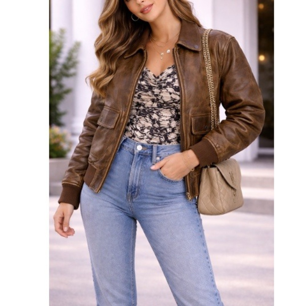 SPRWMN Women's Dark Brown Distressed Leather Aviator Jacket Size S NWT